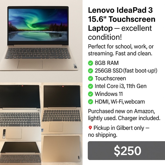 Lenovo IdeaPad 3 15.6” Touchscreen Laptop – Excellent Condition